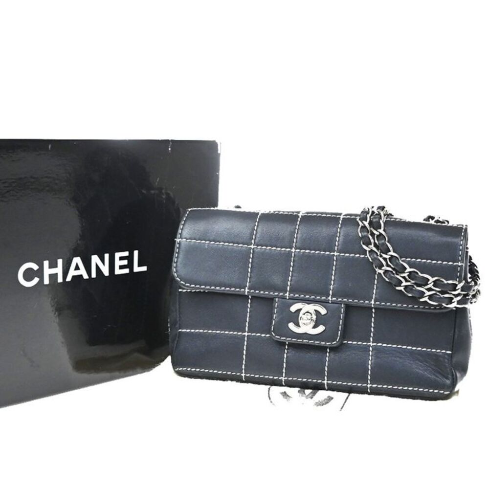 Chanel Vintage Square Stitch Cc Flap Quilted Calfskin Navy Leather Handbag